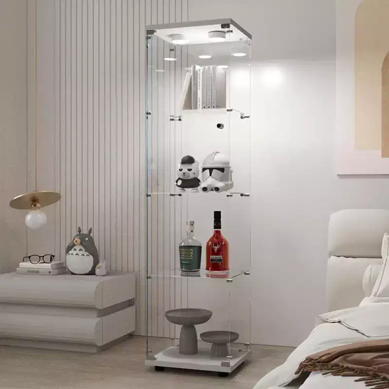 MAYEERTY Tempered Glass Display Cabinet Wine Storage File Cabinet Battery powered Paipai Light Adjustable Floor Feet Living Room Bedroom Office White
