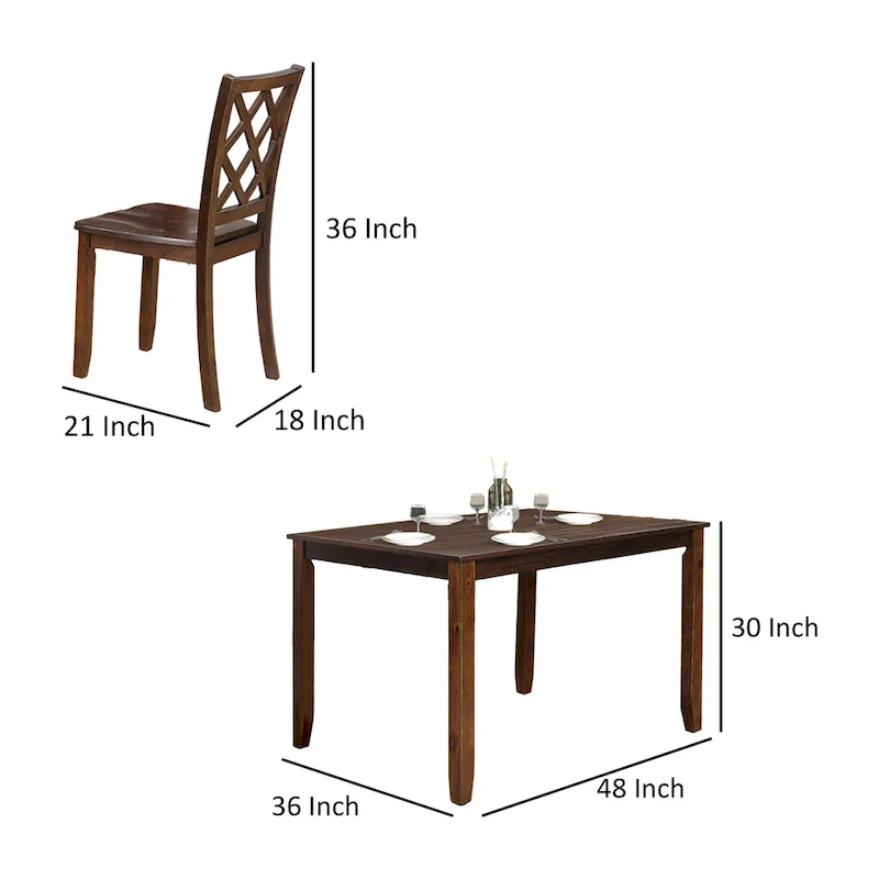 5 Piece Dining Table Set, 4 Cross Back Chairs, Cherry Brown Solid Wood