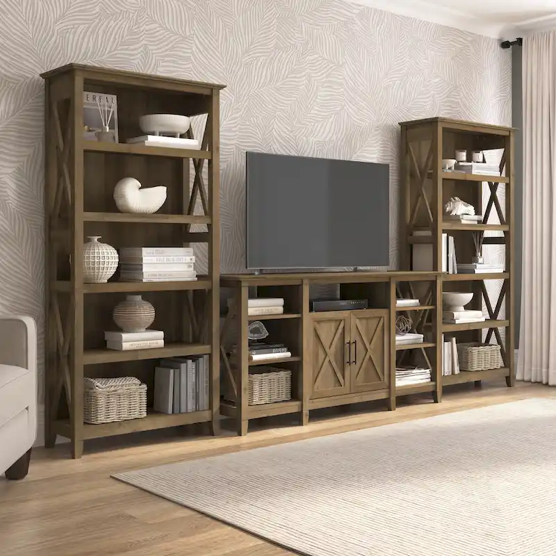 Tall Farmhouse TV Stand with 2 Bookcases by Bush Furniture