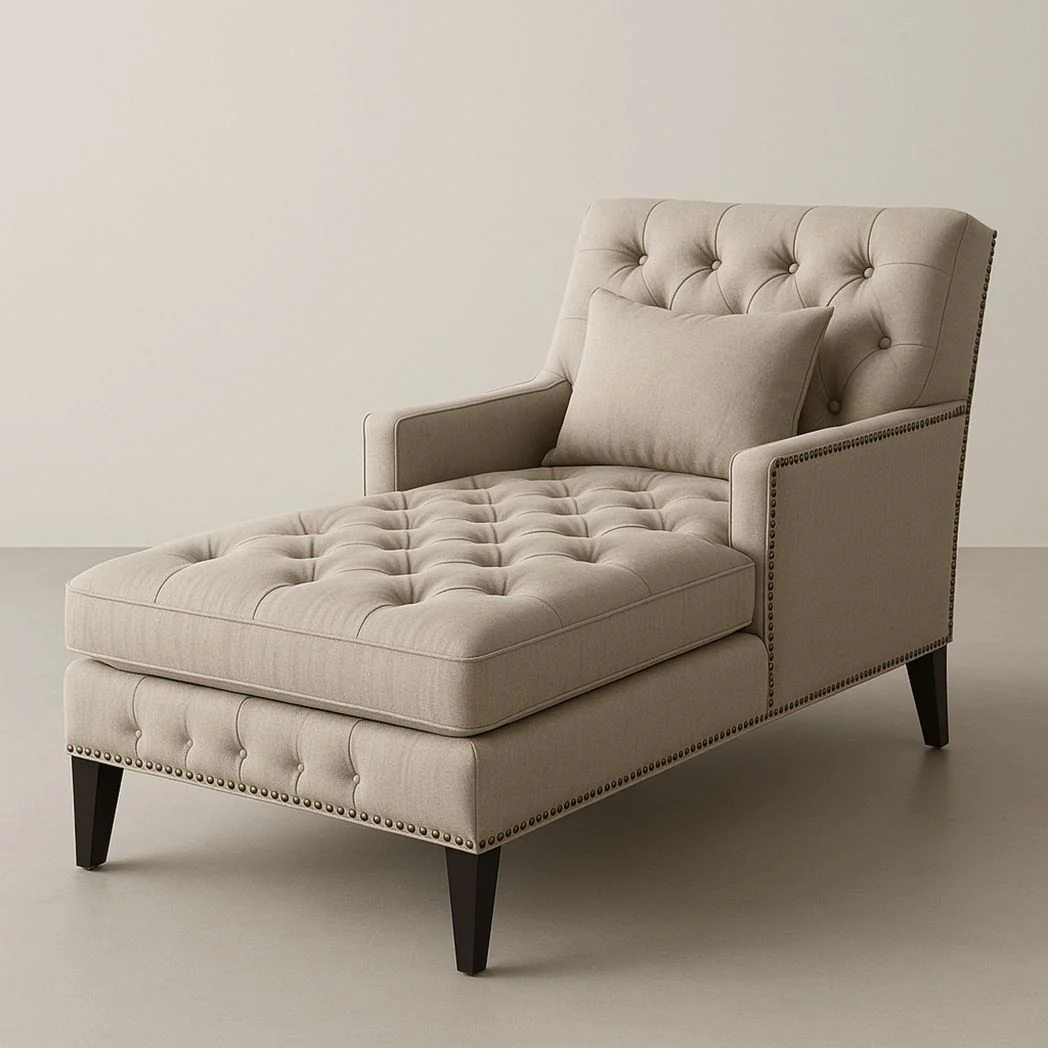 Chaise longue rembourrée en lin beige à accoudoirs, 200 cm de long