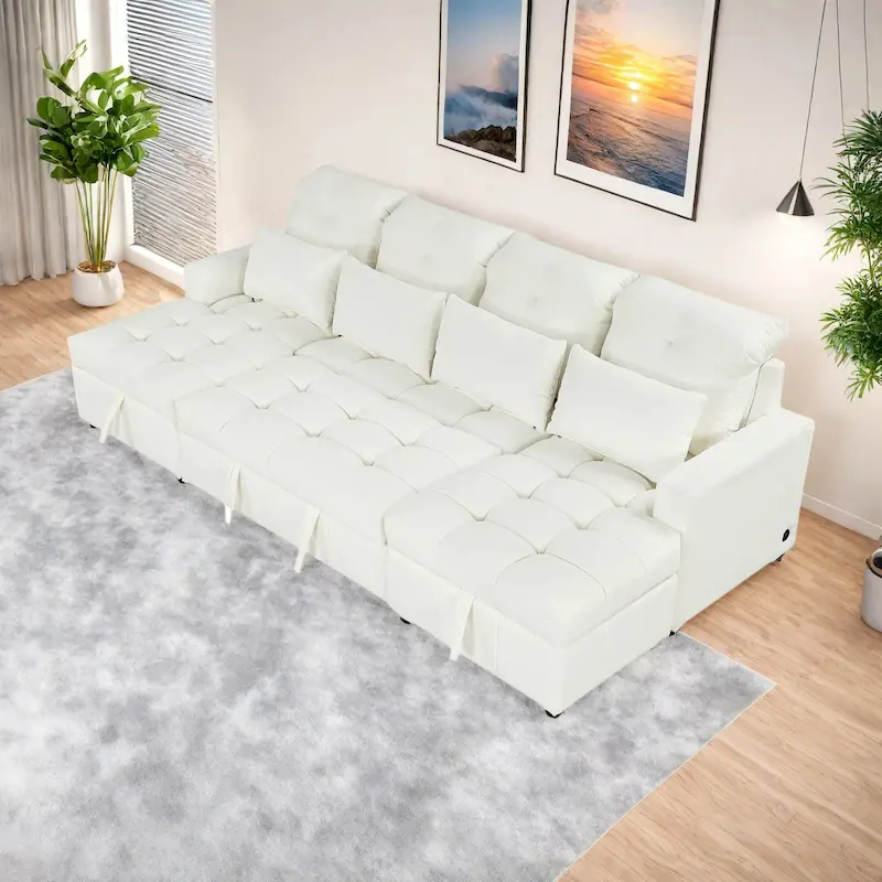 110 Oversized Chenille Convertible U-shaped Sectional Sofa with Pull-out Bed, Double Storage Chaise Lounges, and 2 USB Ports