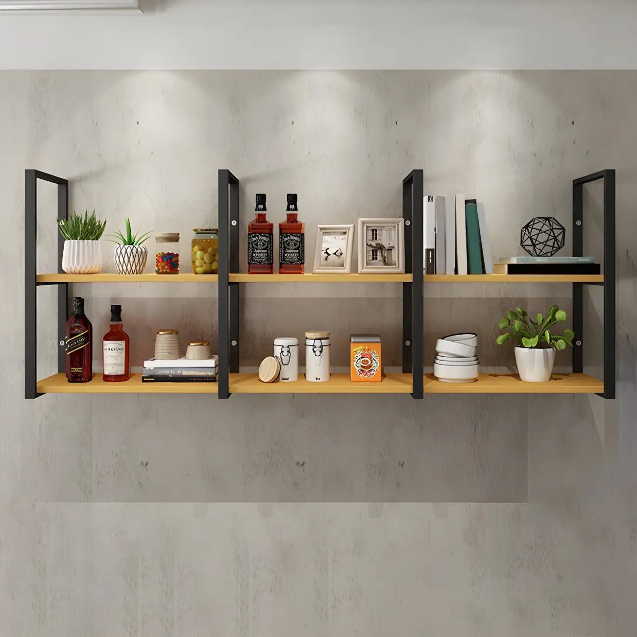 Industrial Wall-Mounted 3-Tier Wood Display Shelf