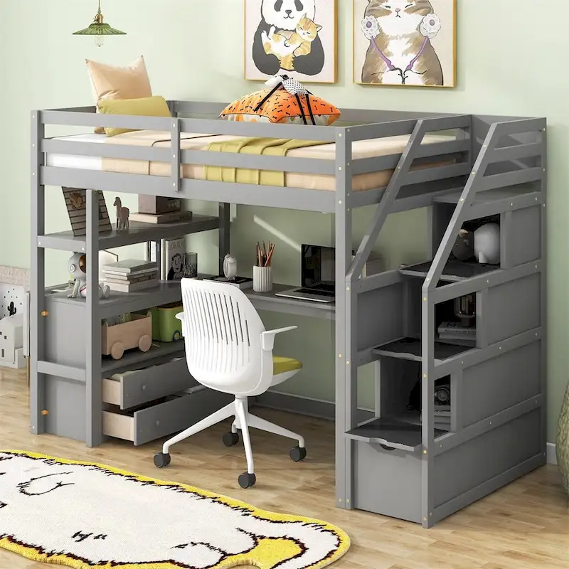 Merax Loft Bed with Desk and Shelves