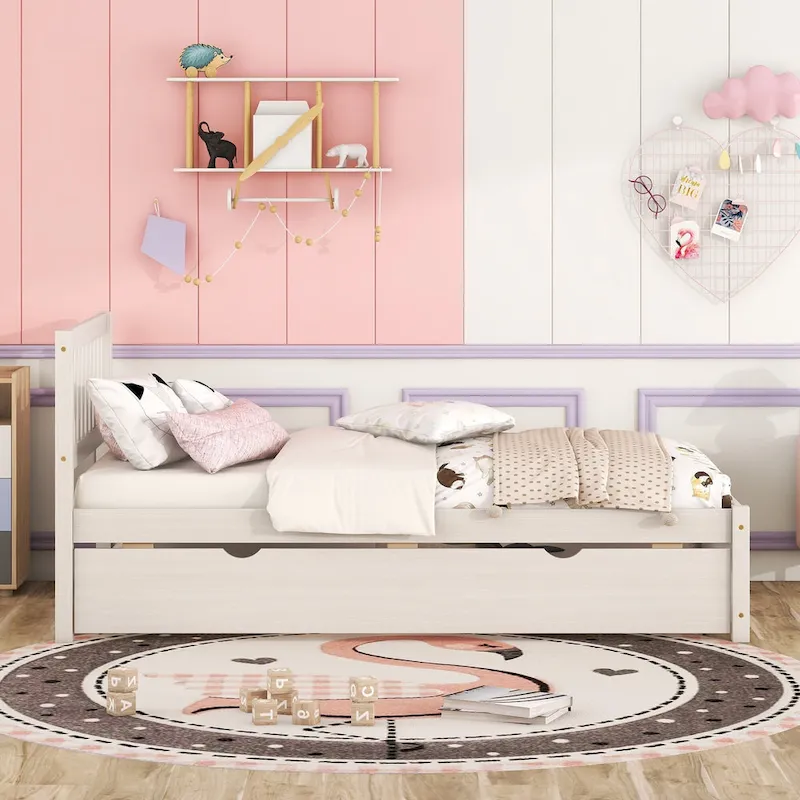 White Walnut Rubberwood Twin Bed with Trundle