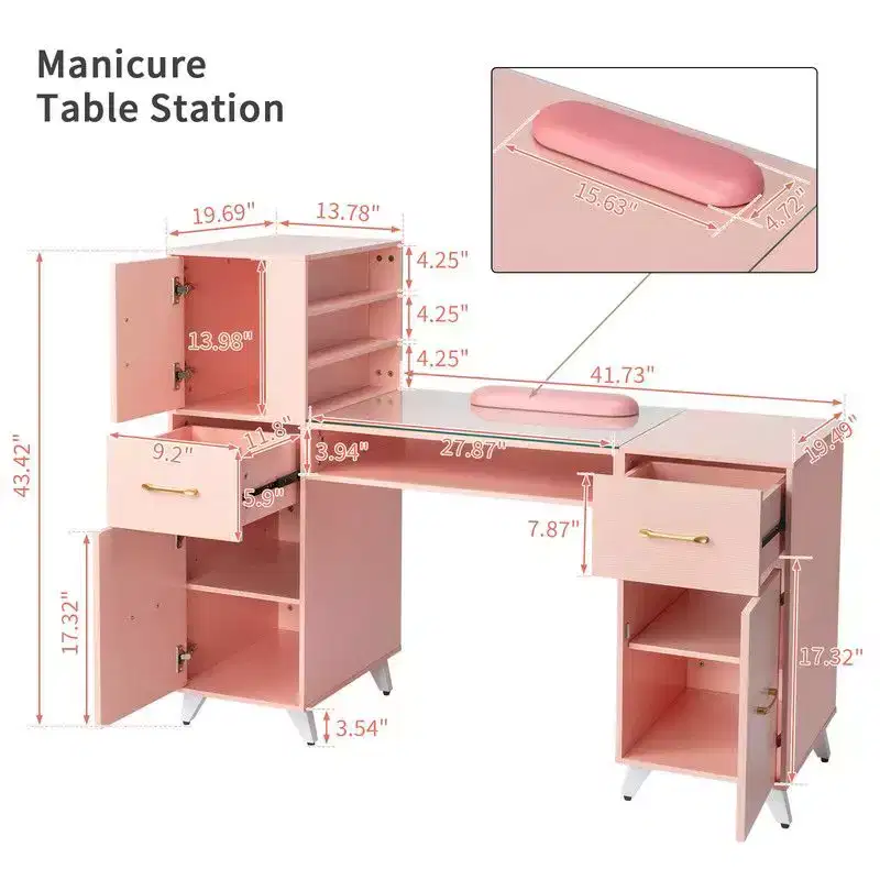 Black / Pink Modern Manicure Nail Desk with Glass Top & Wrist Rest, Single Station