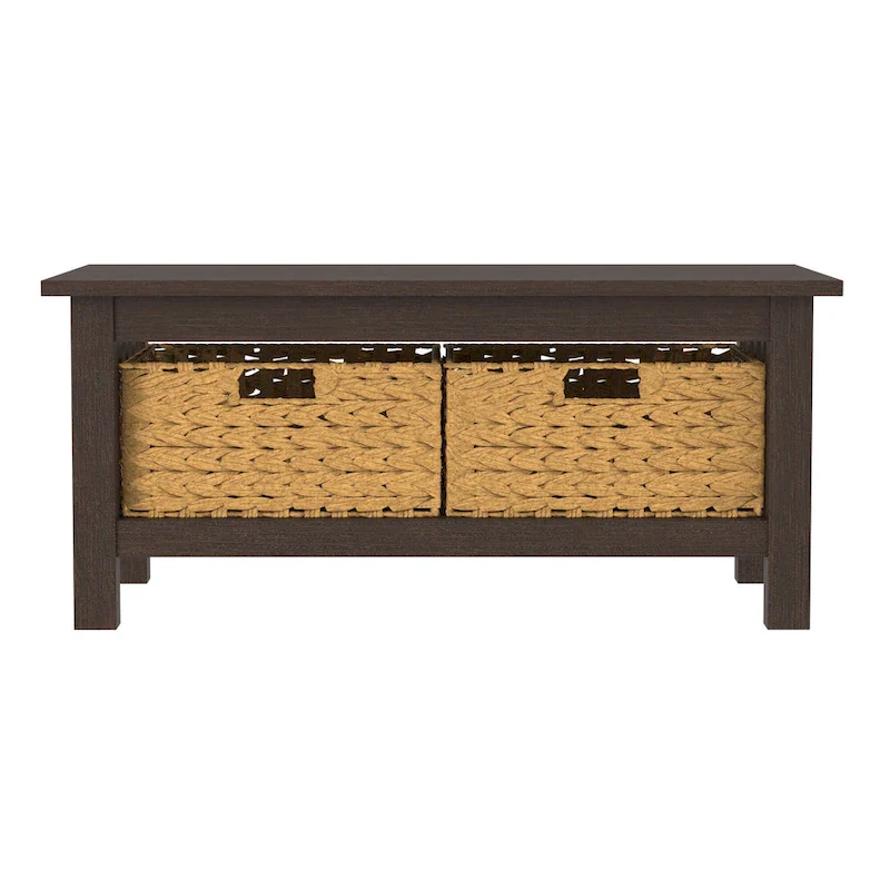 40-Inch Mission Style Coffee Table with 2 Wicker Storage Baskets, MDF Laminate, Wood Grain Design