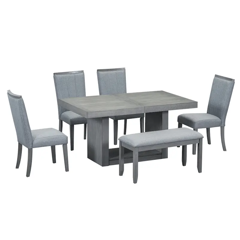 6-Piece 78inch Extendable Pedestal Dining Table Set with 18inch Removable Leaf and Dining Bench, 4 Upholstered Dining Chairs