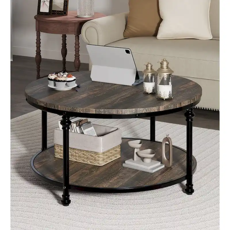 Round Coffee Table Living Room Rustic Circle Center Table with Storage Shelf