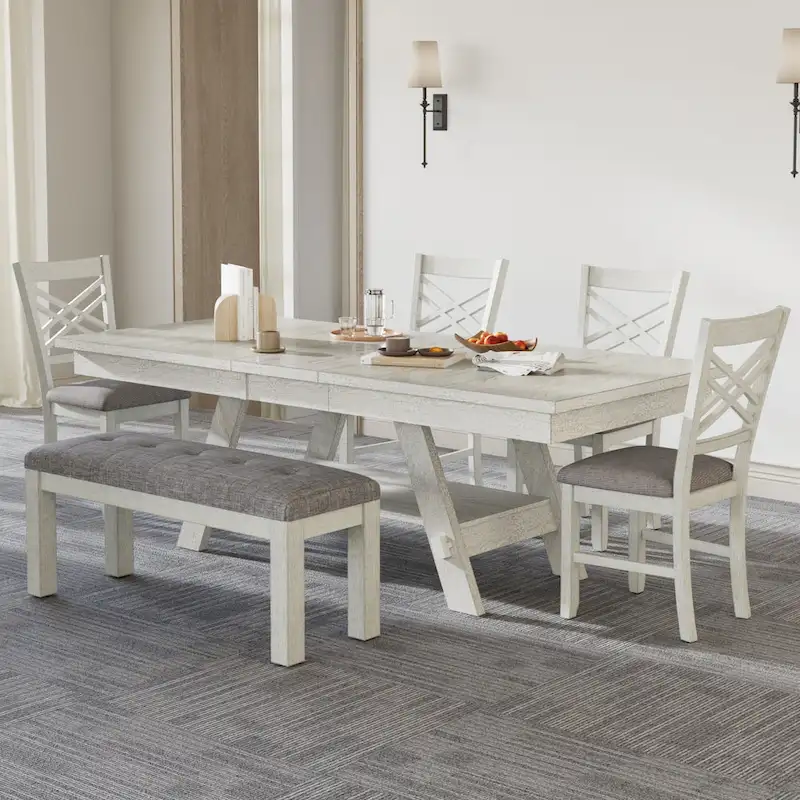 VECELO 6/8-Piece Dining Table Set with Bench, Solid Wood Rectangular Extendable Dining Table & 4 Solid Wood Dining Chairs