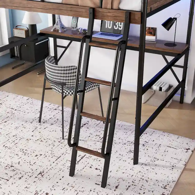 Metal Loft Bed with Desk, LED Lights & USB Charging Station, Loft Bed Frame with Safety Guardrails