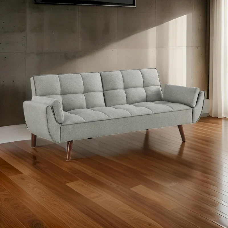 84 Inch Sofa Futon Bed with Tufted Back, Angled Legs, Gray Fabric