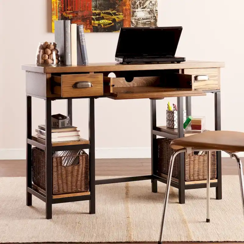 Black and Oak Writing Desk with Storage Drawers