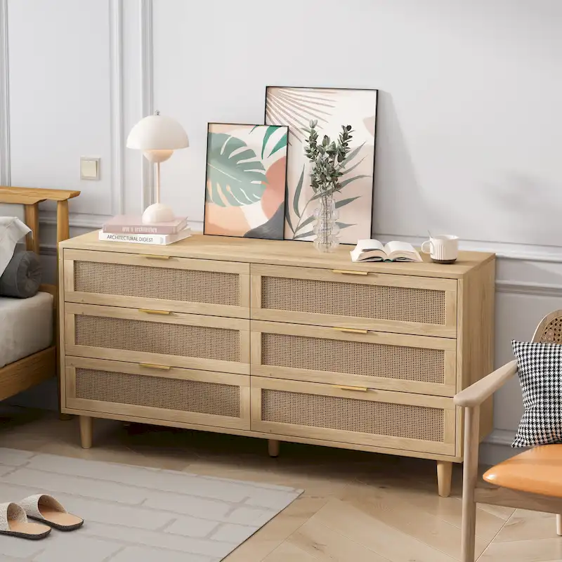 59.066-Drawers Rattan Storage Cabinet with White Drawer Slides