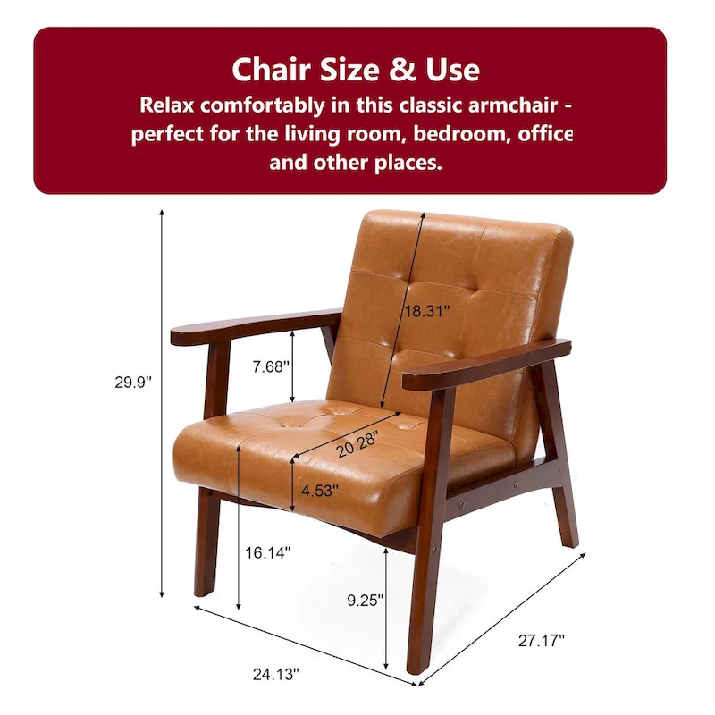 Mid-Century Armchair - Brown Faux Leather, Rubberwood Frame, 24.13W x 29.9H, Single Seat, 250 lbs