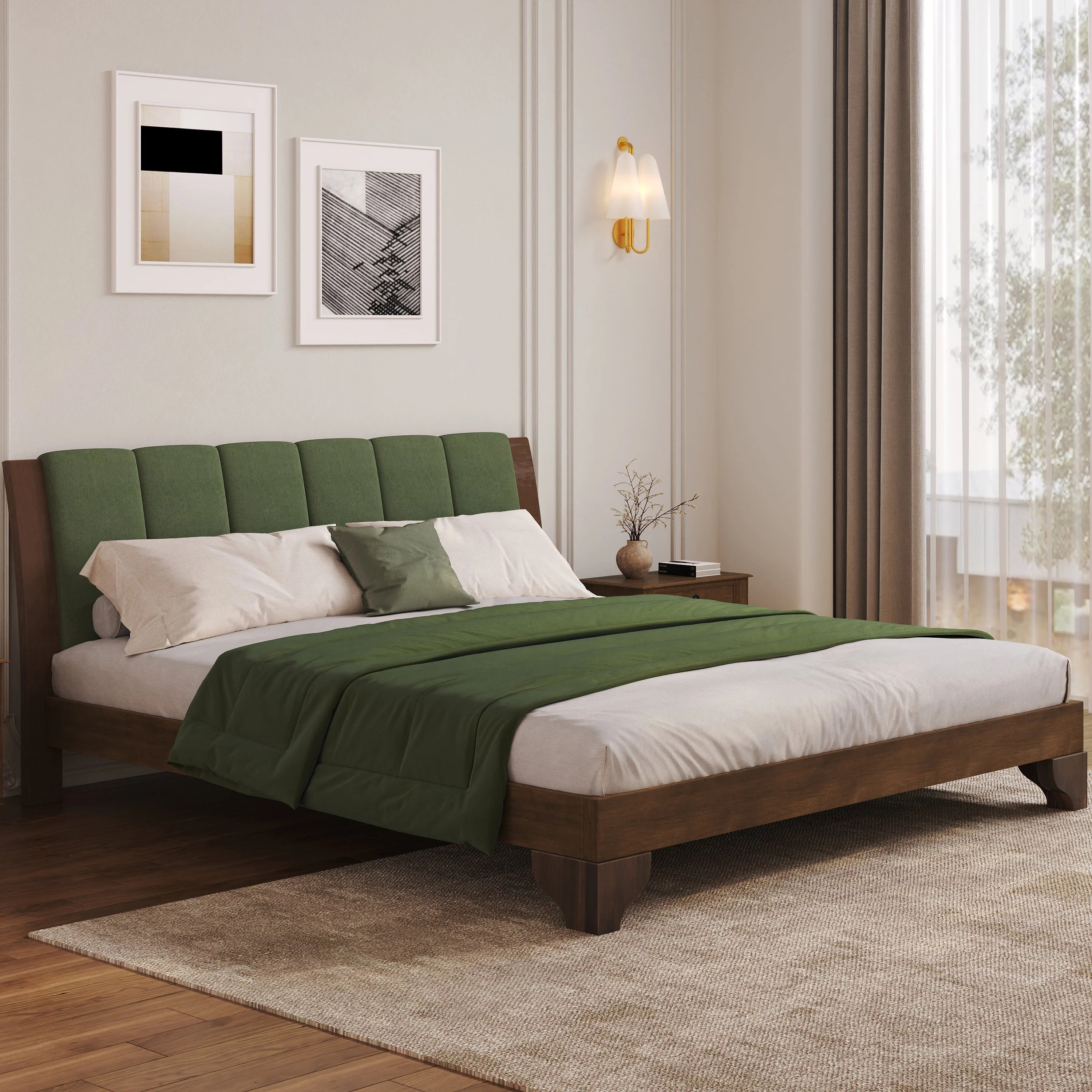 Mid Century Modern Wood and Upholstered Bedframe