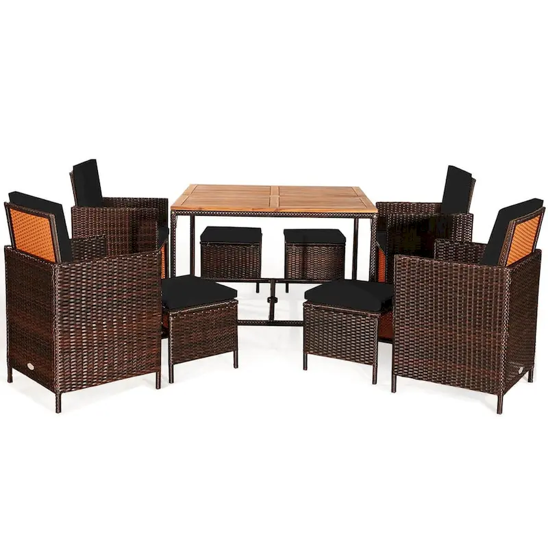 Costway 9PCS Patio Rattan Dining Set Cushioned Chairs Ottoman Wood - See Details