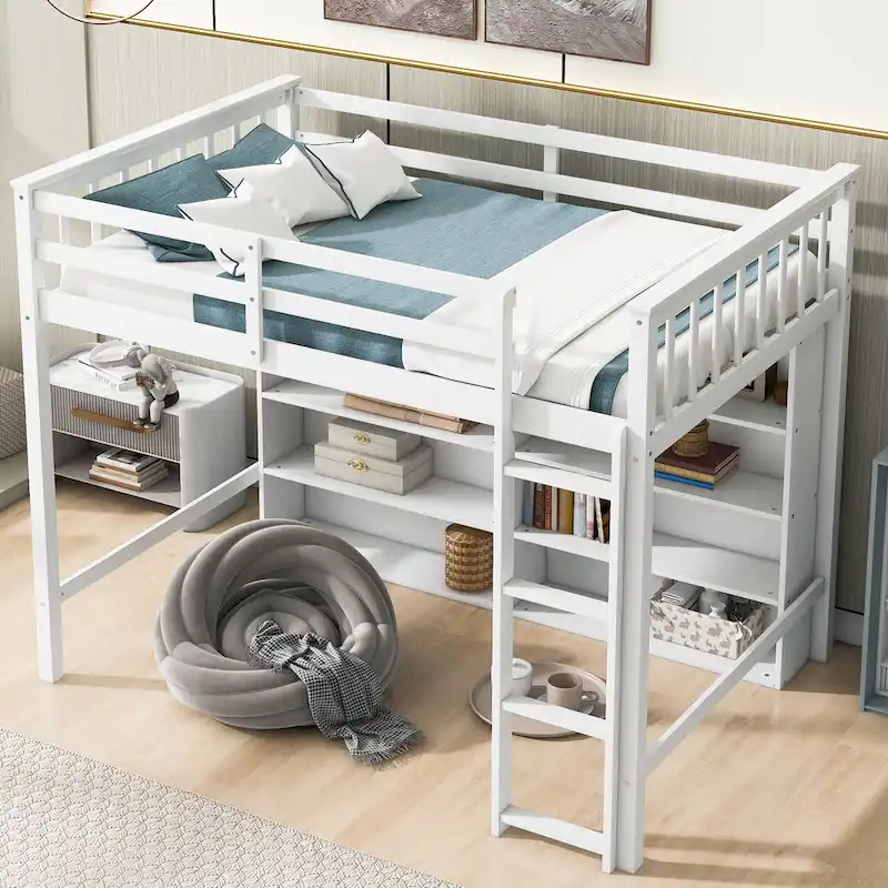 Wood Twin Size Loft Bed with 8 Open Storage Shelves, Multi-Function Loft Bed