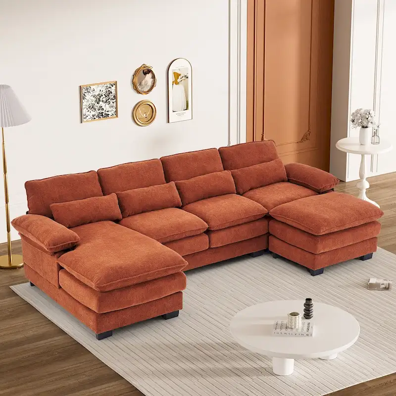 Ouyessir Soft Chenille Fabric U-shaped Sectional Sofa Set with Doudle Layer Cushion