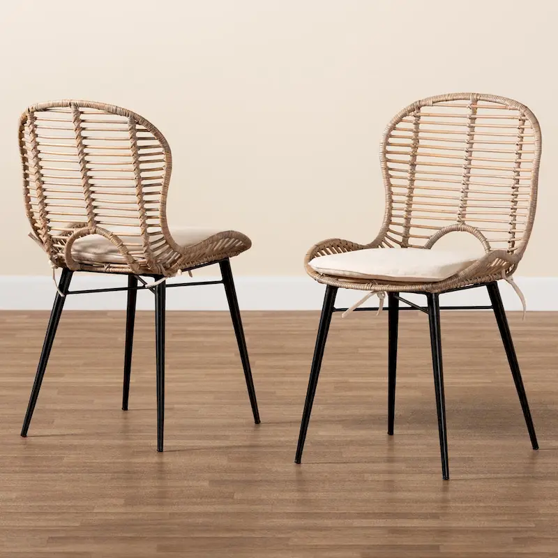 Brenna Modern Bohemian Rattan and Metal 2-Piece Dining Chair Set