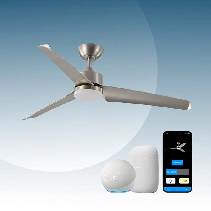 ProMounts All Seasons 52  Ceiling Fan with Light, Quiet, Alexa/Google, 3 Color LED Lights, Reversible, Satin Nickel