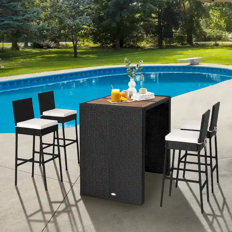 Costway 5-Piece Patio PE Wicker Bar Set Outdoor Acacia Wood Dining - See Details