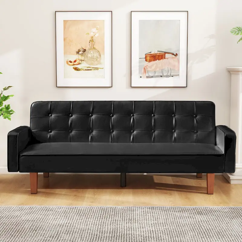 Mid-Century 74 in PU Leather Futon Sofa Bed, Button Tufted Sofa 3-Seat for Living Room Bedroom