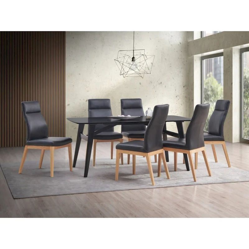 Side Chair (Set-2), Black Leather & Walnut Finish