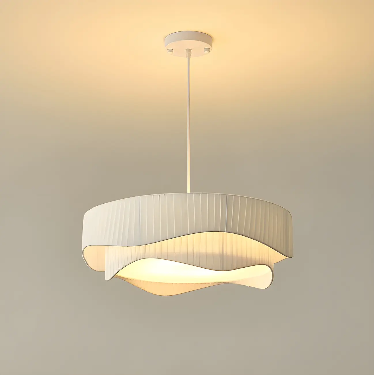 Modern White Tier Fabric Drum Chandelier with Adjustable Height