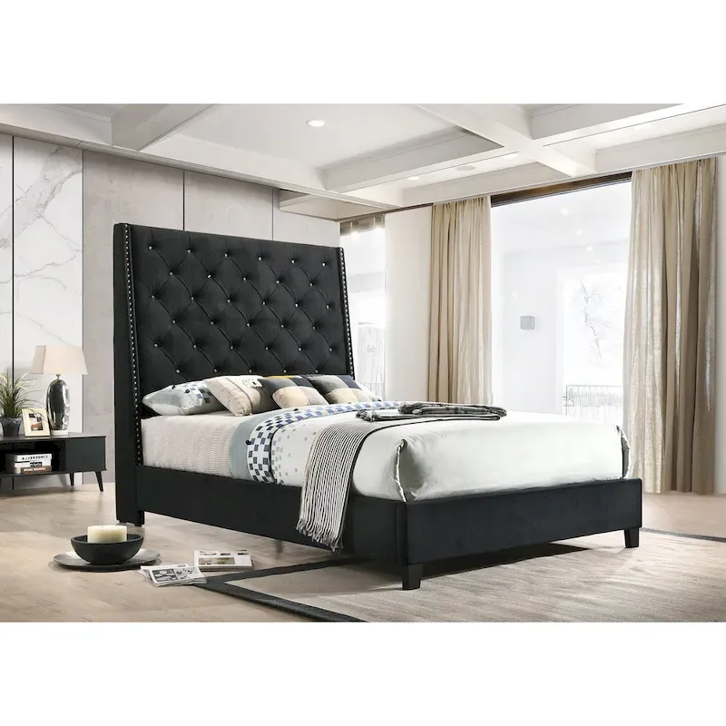 Marillin Black Velvet Upholstered Tufted Bed