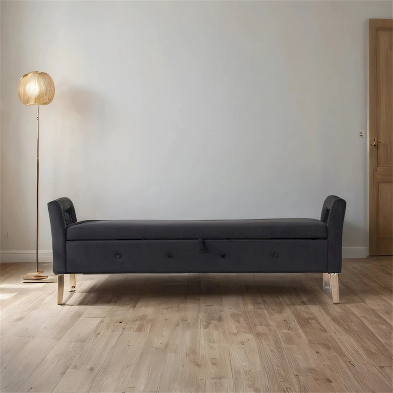 67.91 Velvet Storage Bench with Armrests and Wood Frame for Bedroom