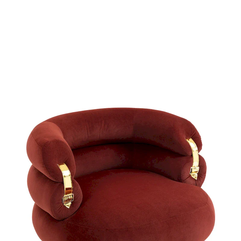 Wine Red Upholstered Barrel Chair with Ottoman and Metal Legs