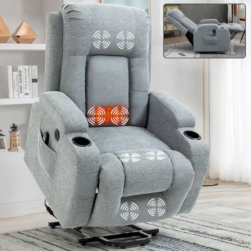 Power Lift Recliner with Massage, Lumbar Heating, USB Charging & Cup Holders, Modern Ergonomic Design