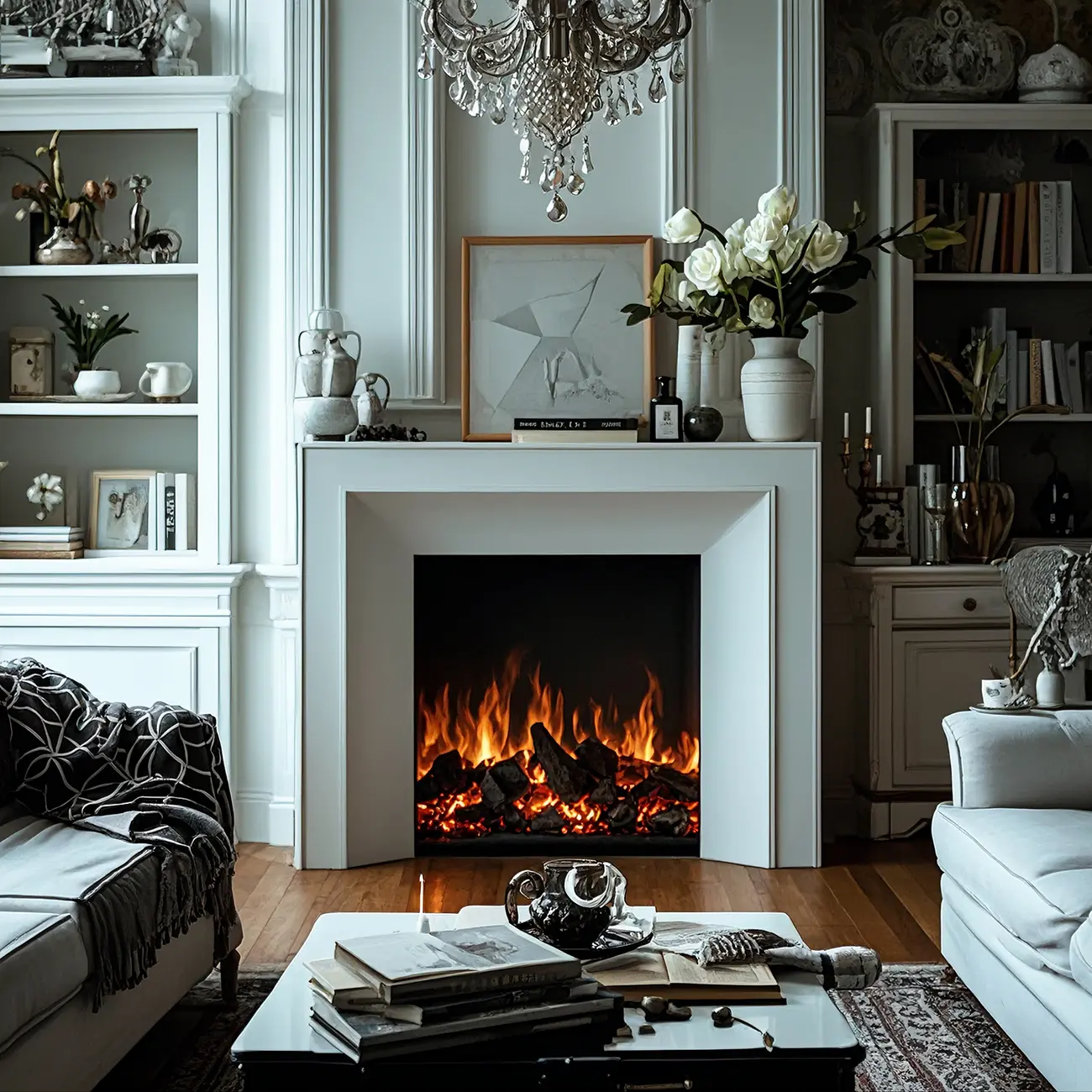 Rectangle White Solid Wood TV Stand with Fireplace & Lights