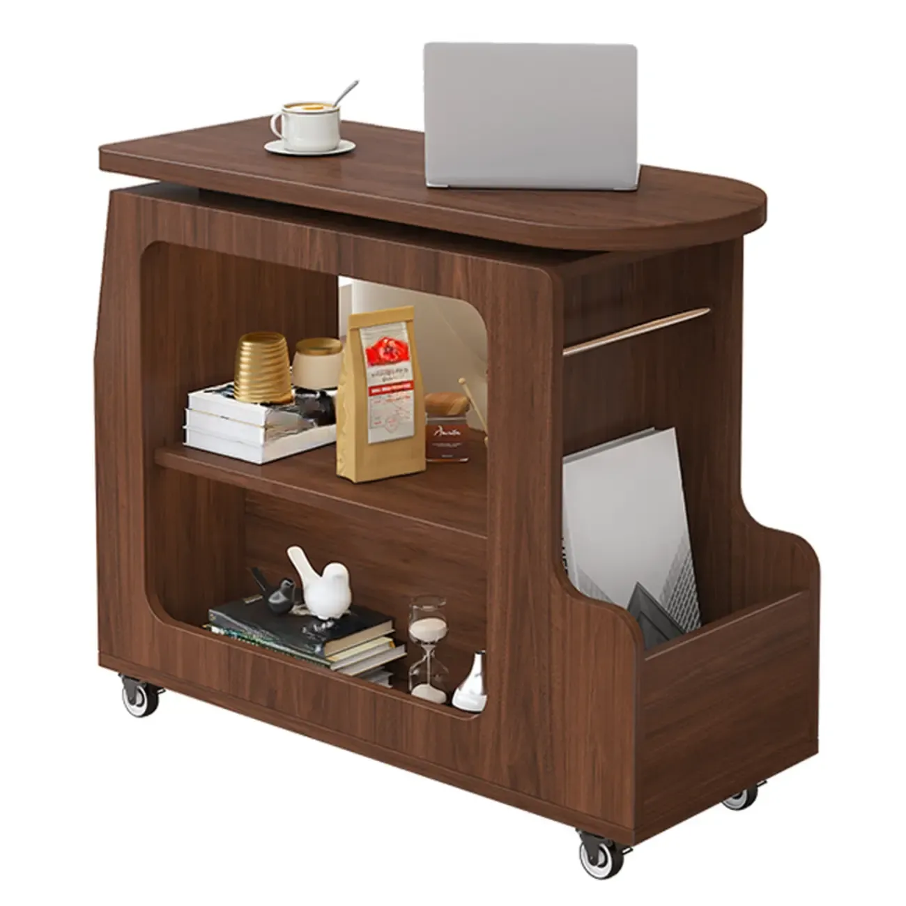 Versatile Modern Brown Half-circle Wheeled Side Table