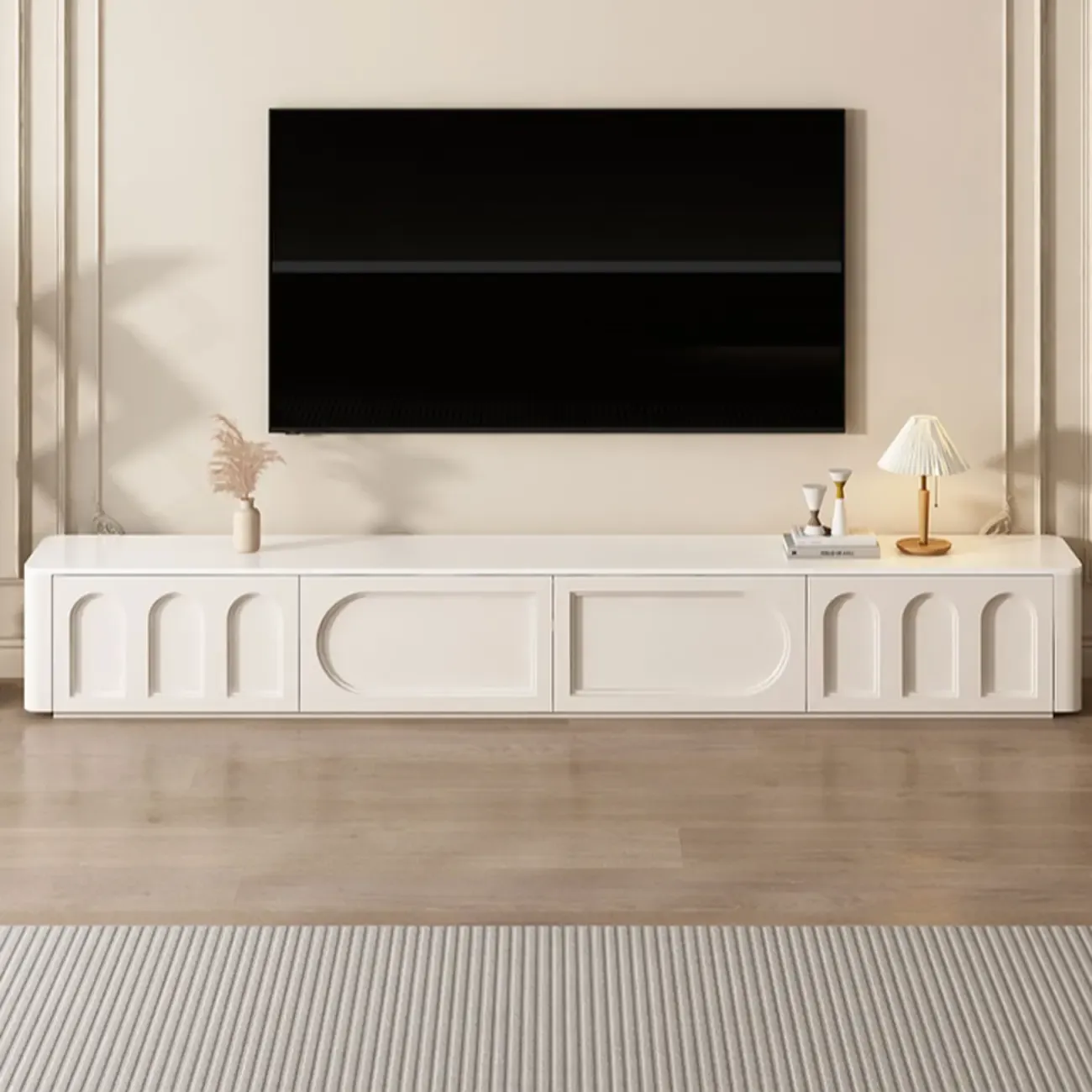 White Modern Long Wooden TV Stand with Drawers