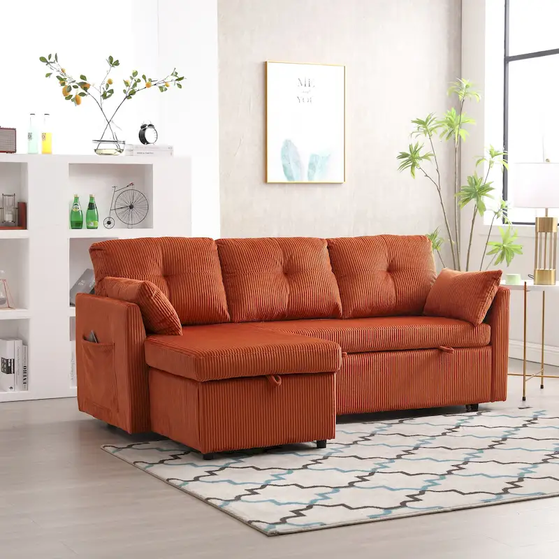 Orange 81.1 L-Shaped Fabric Sofa: Reversible Chaise, Storage, Solid Wood Frame, and Foam Seating