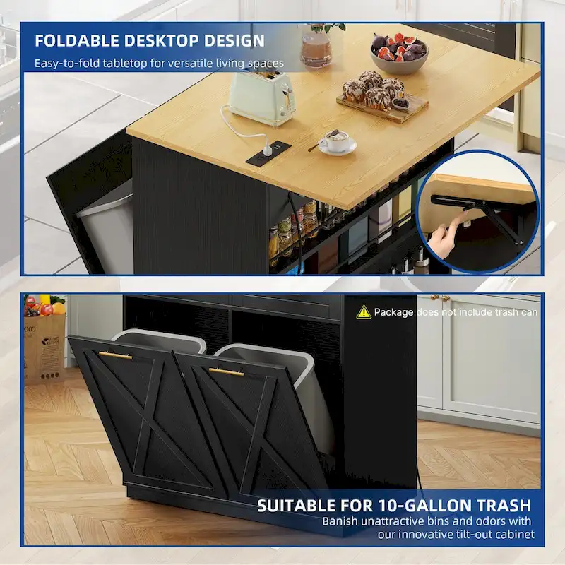 Kitchen Island Drop Leaf Double Tilt Out Trash Cabinet with Power Outlet & Wheels