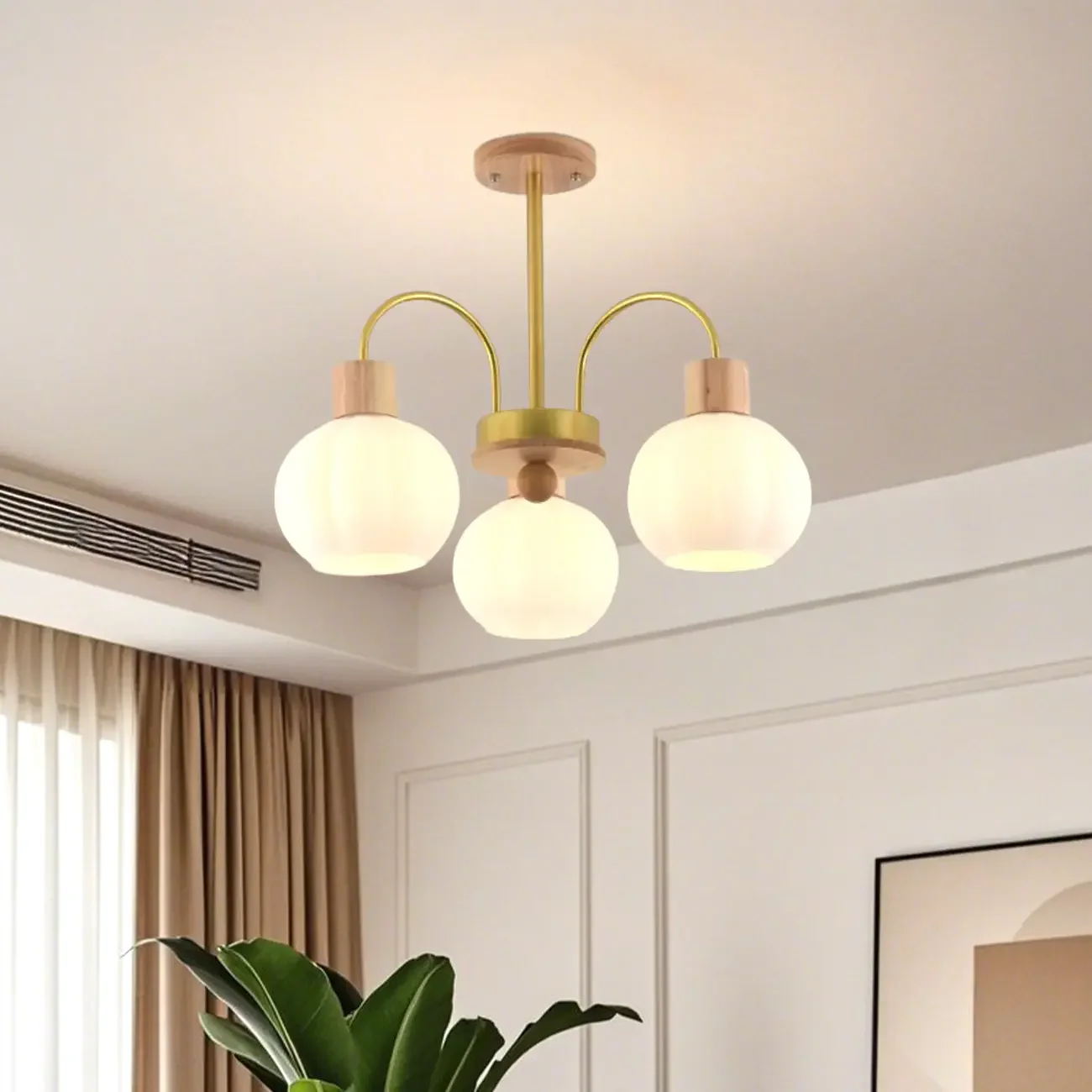 Gold Arch Wood Accent White Glass Orb Chandelier