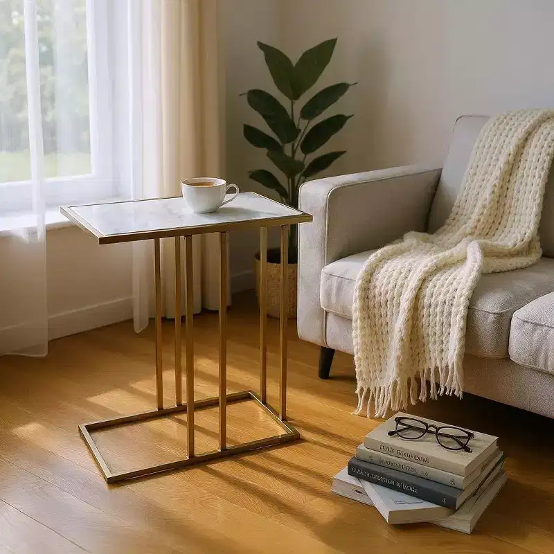 26 White and Antiqued Gold Marble and Iron Frame End Table