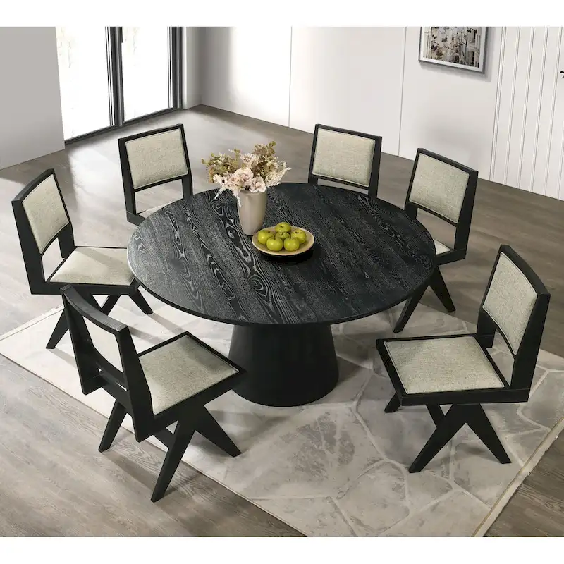 Furniture of America Evrena Modern 7-Piece Black Solid Wood 59-inch Round Dining Set