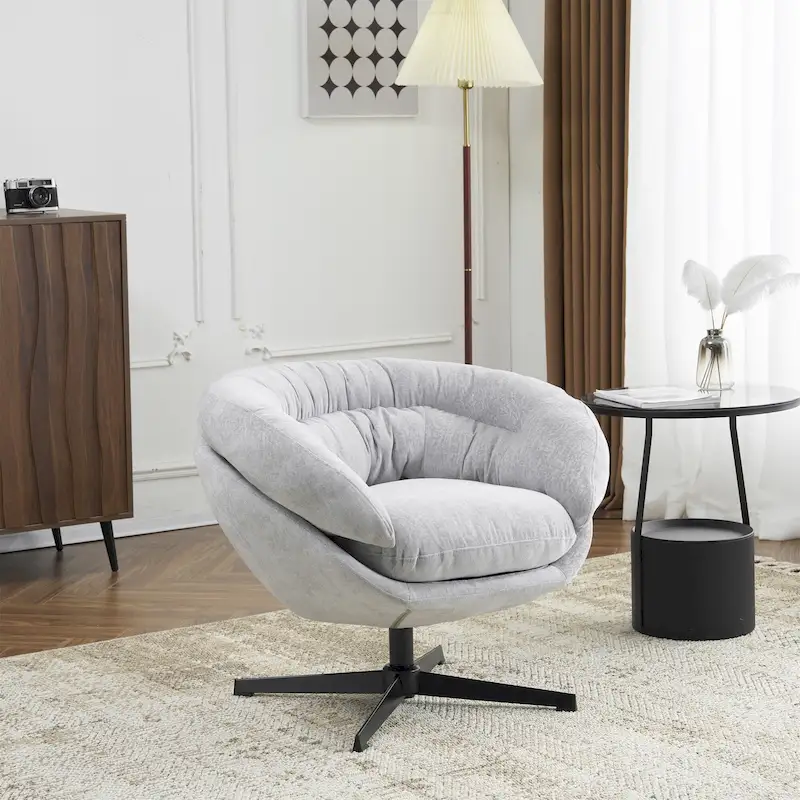 Chenille Upholstered 360 Swivel Club Chair/Accent Chair with Removable Cushion, Round Office Chair with Black Metal Base