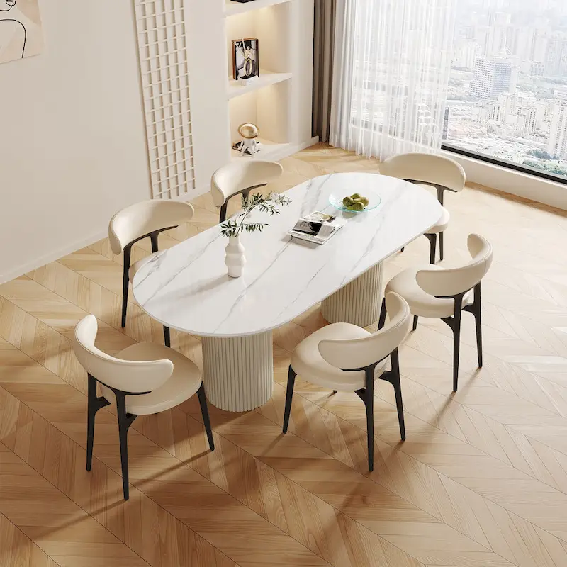 71 Modern Rectangular Dining Table with Stone Table-top, Wood Legs