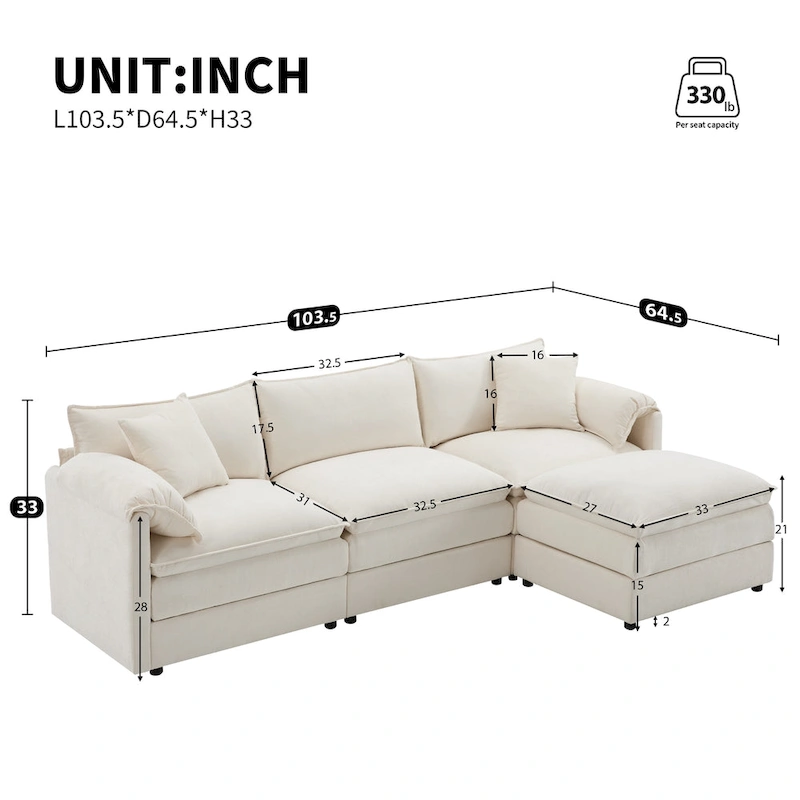 103.5 Chenille Sectional Sofa with 4-Seat L-Shaped Cloud Couch and Ottoman & Pocket Spring Cushions (330lb Capacity)