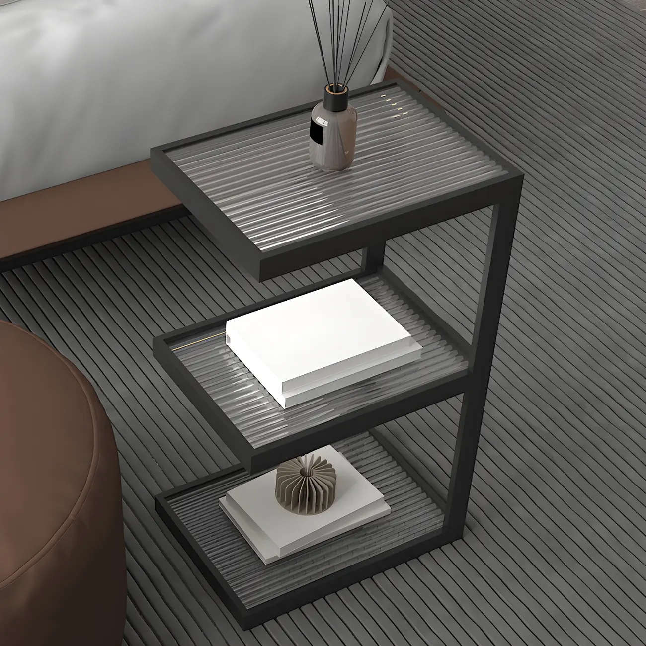 Extra Tall Simple Glass Top and Steel 3 Shelves Nightstand