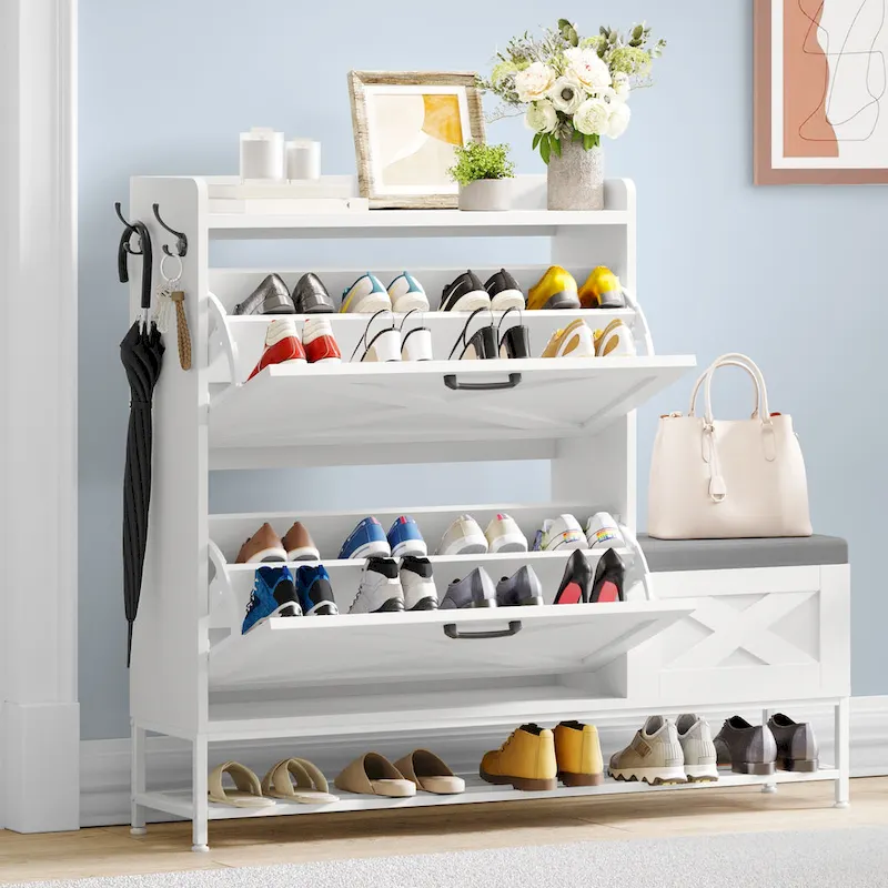 Farmhouse Shoe Storage Cabinet with Shoe Bench Entryway Shoe Storage with 2 Flip Drawers for 16 Pairs - 9.4W x 47.1L x 41.3H