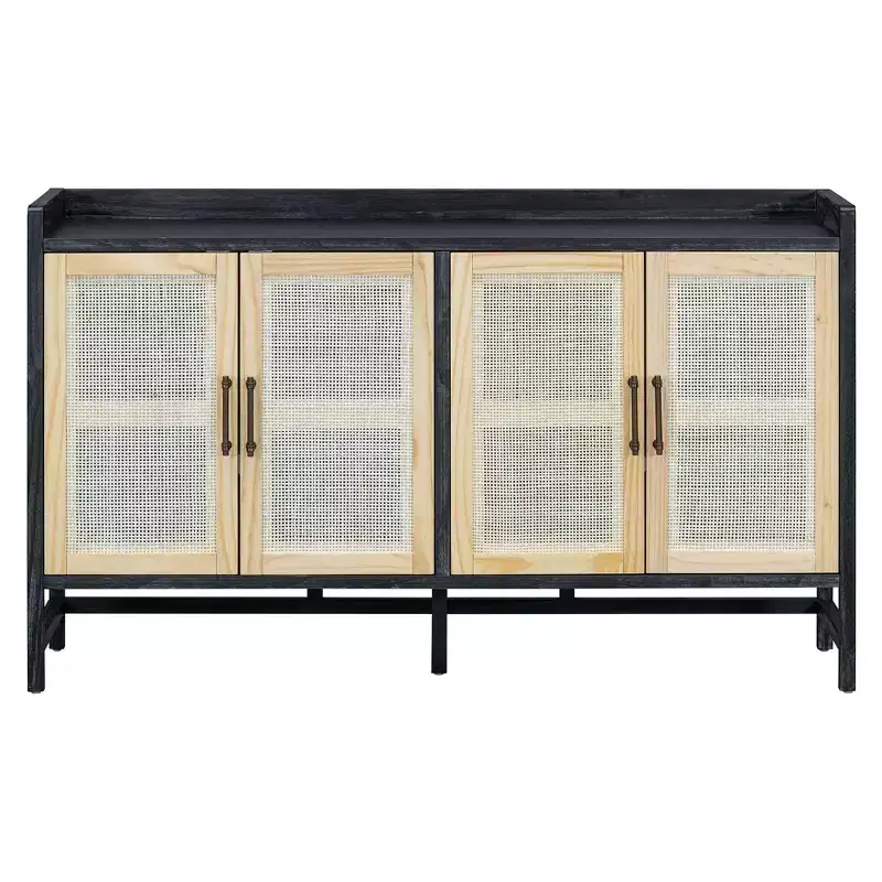 Hostack Sideboard Buffet Cabinet with Decorative Rattan Doors, Storage for Dining and Living Room, Black+Natural