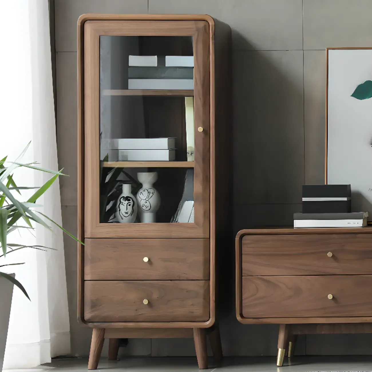 2-Drawer Mid-Century Brown Accent Cabinet with Gass Door