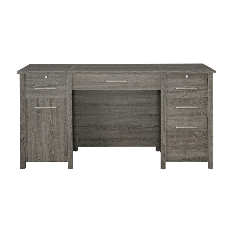 Wim 60 Inch 4 Drawer Lift Top Office Desk, 2 Pull Out Trays, Weathered Gray