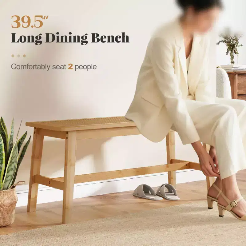 Costway 39.5 Bamboo Dining Bench with Handwoven Rattan Seat, Wooden Entryway Bench