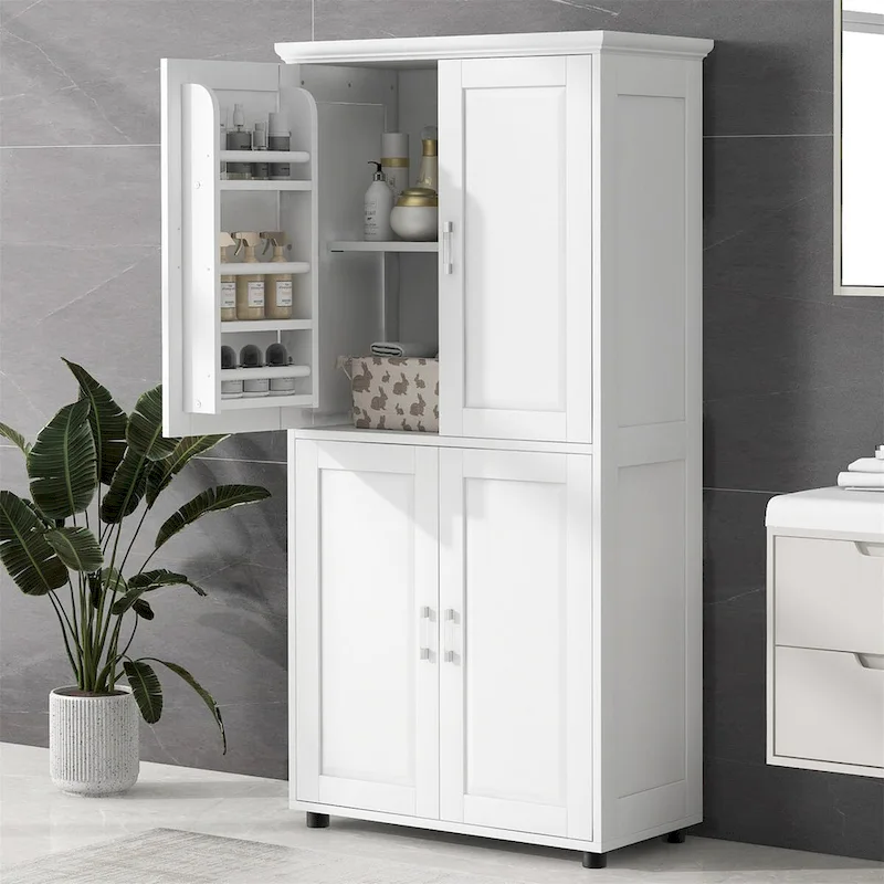 White Tall Wide Floor Storage Cabinet with 4 Doors & Adjustable Shelves